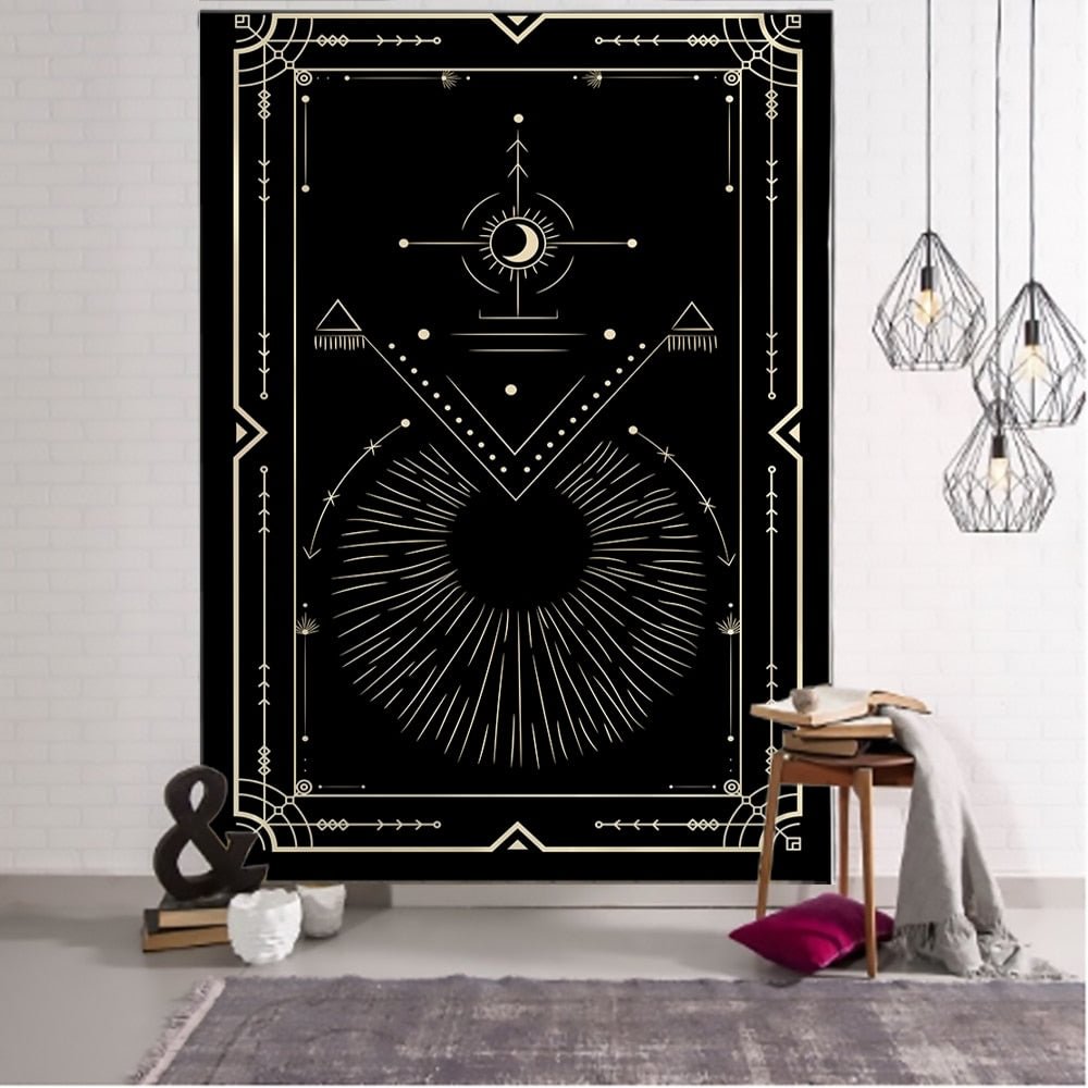 Golden Black Sun Moon Tarot Mandala Tapestry Wall Hanging Witchcraft Hippie Wall Carpets Dorm Decor Psychedelic Tapestry