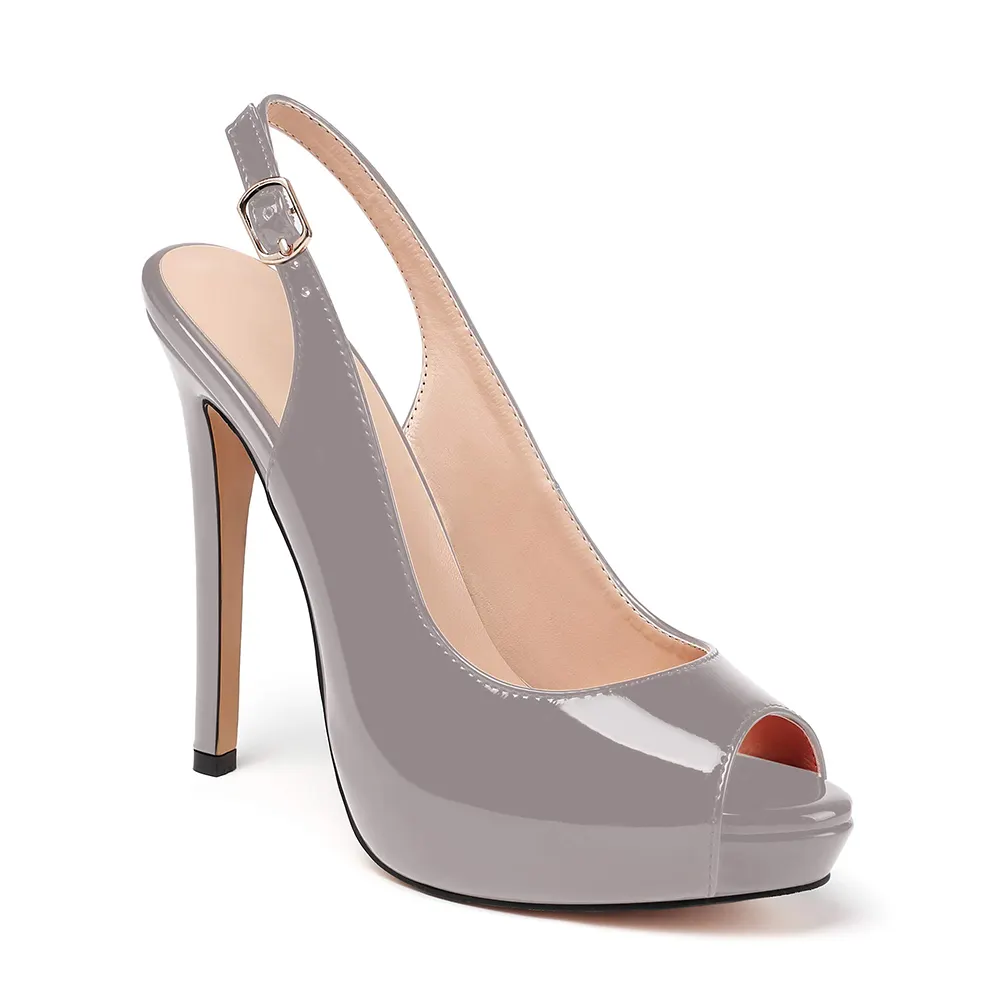 120mm Strap Slingback Sandals Peep Toe Platform Stilettos Grey Patent Heels-vocosishoes
