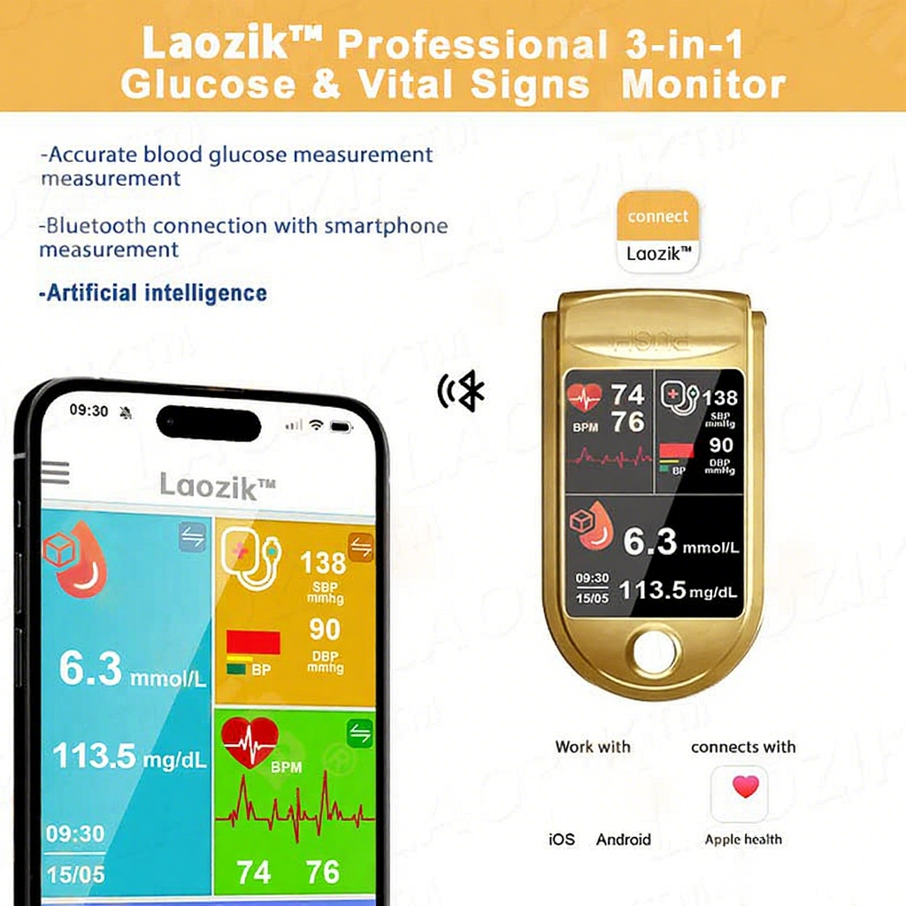 LaozikTM Professional 12in1 Glucose Vital Signs Monitor-Painless, Fast, Precise FDA-Backed(Made in California, USA)