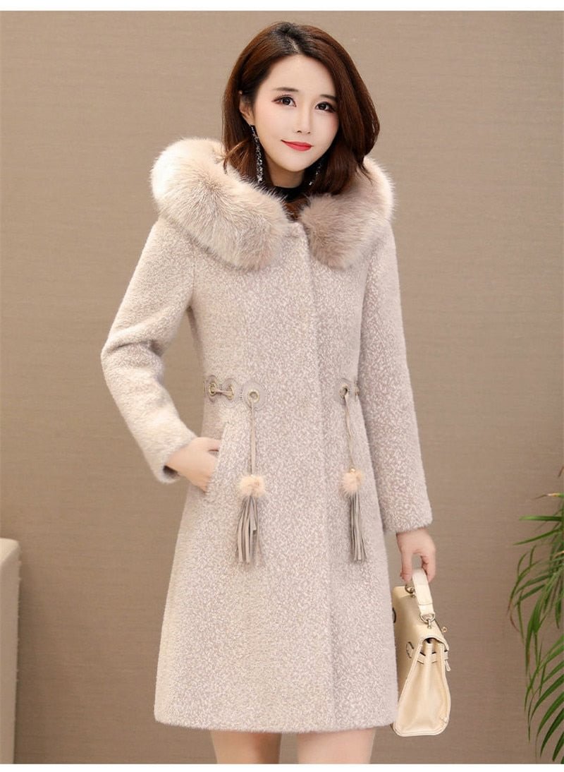Hooded Fur Collar Coat Women Winter New Fashion Imitate Mink Velvet Coat Female Large Size Mid Long Pink Woolen Coat Outerwear