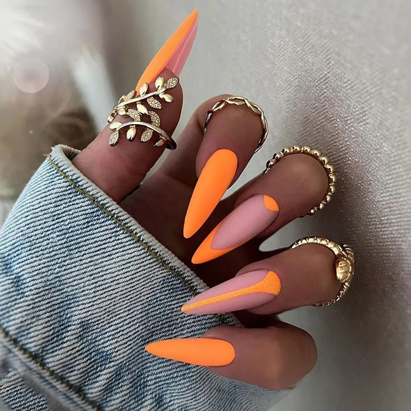 Bonusbuk 24Pcs French Fake Nails With Green Leaf Print Design Long Stiletto False Nail Wearabe Almond Press on Nails Full Cover Nail Tips