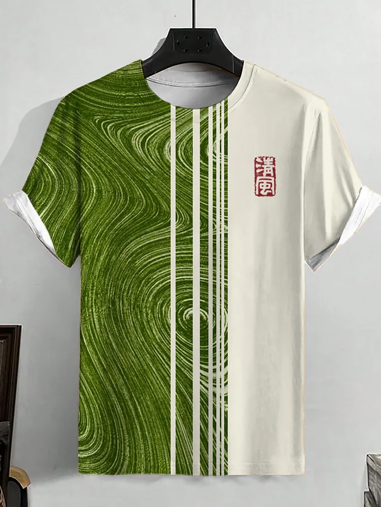 Men's Japanese Matcha Oil Liquid Painting Print Casual T-Shirt
