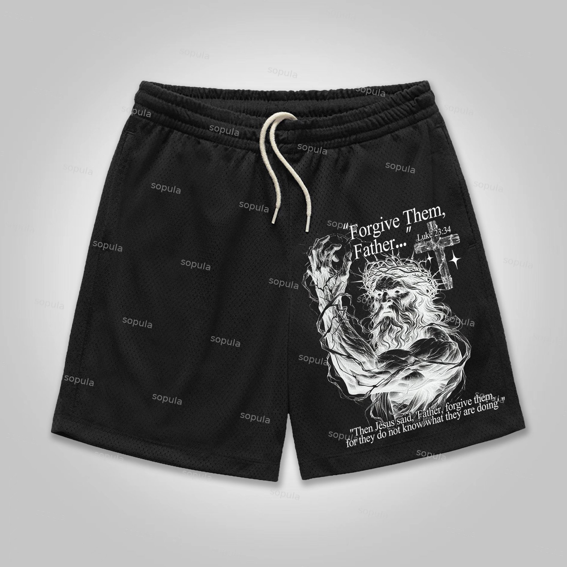 Sopula Forgive Them Father-Jesus Graphic Print Mesh Shorts - SOPULA