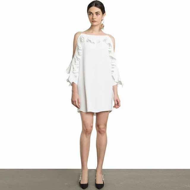 White Cold Shoulder Sexy Ruffles Slash Neck Mini Dresses-elleschic