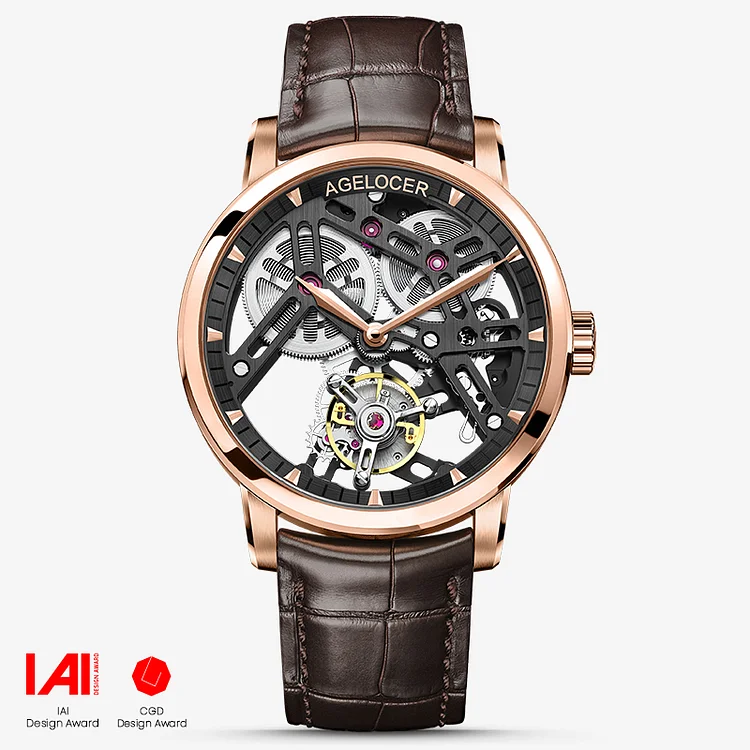 Agelocer Manual Free-Sprung Tourbillon Men's Golden Black Skeleton Mechanical Watch