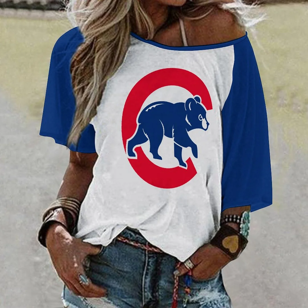 Shoulder Off  Loose Short Sleeve Casual T-shirt for Women Printed with Pattern,Blue,Red