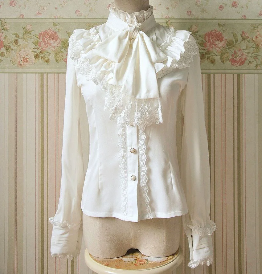 Lolita Fashion Lace Trim Frilled Neck Long-Sleeve Chiffon Blouse SP17166