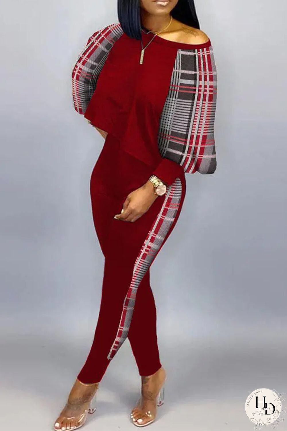 Burgundy Sexy Casual Print Patchwork Contrast O Neck Long Sleeve Two Pieces