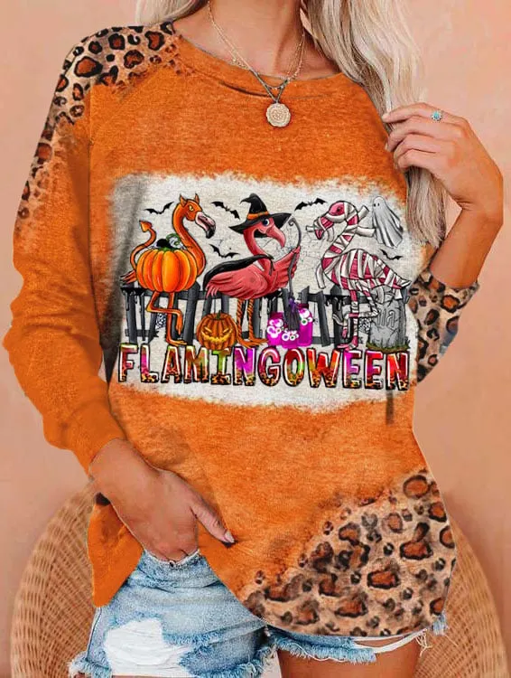 Women's Halloween Boo Witch Flamingoweens Leopard Print Sweatshirt