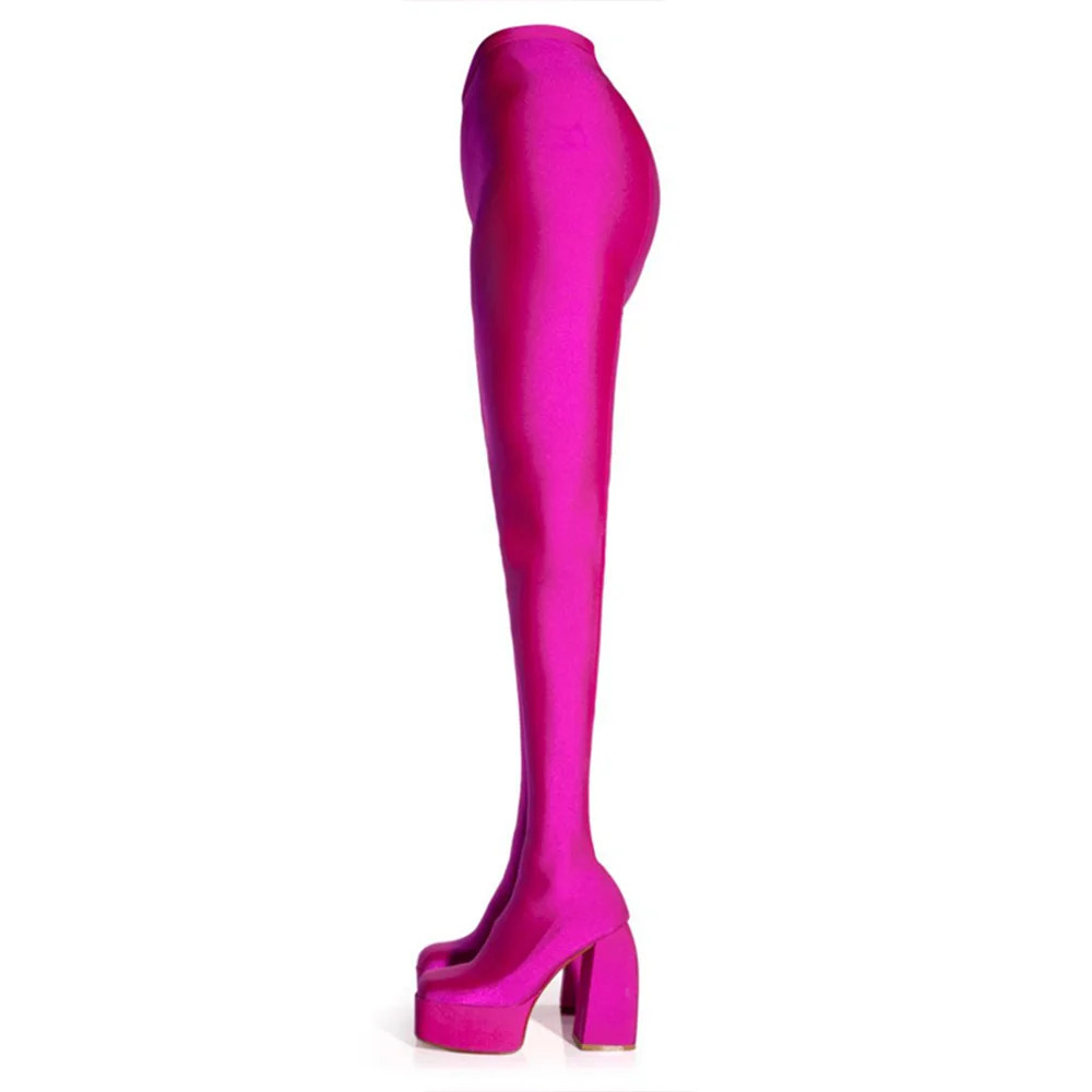 Fuchsia Square Toe Heels Boots Stain Jumpsuit Boots 