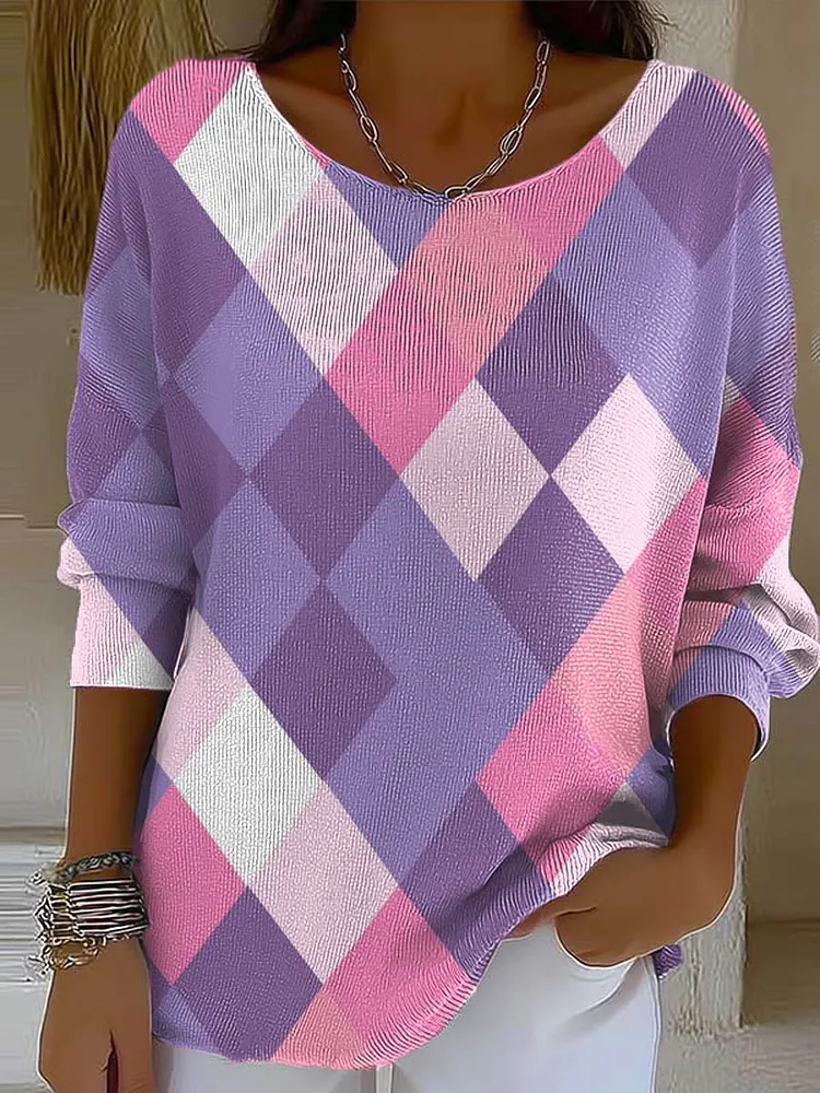 Women's Plaid Pattern Art Print Casual Pullover Sweater