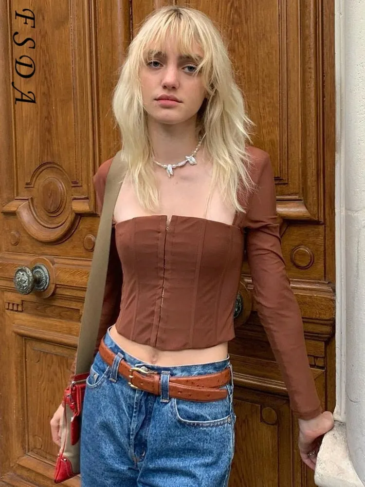 FSDA 2021 Autumn Winter Mesh Corset Crop Top Women Brown Y2K Long Sleeve T Shirts Sexy Casual Vintage Fashion
