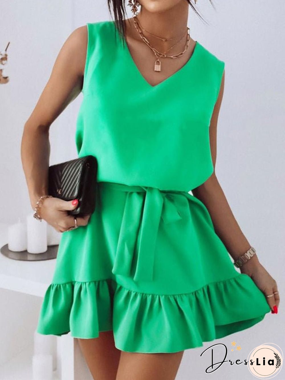 Women'S Dresses Solid V-Neck Sleeveless Ruffle Dress