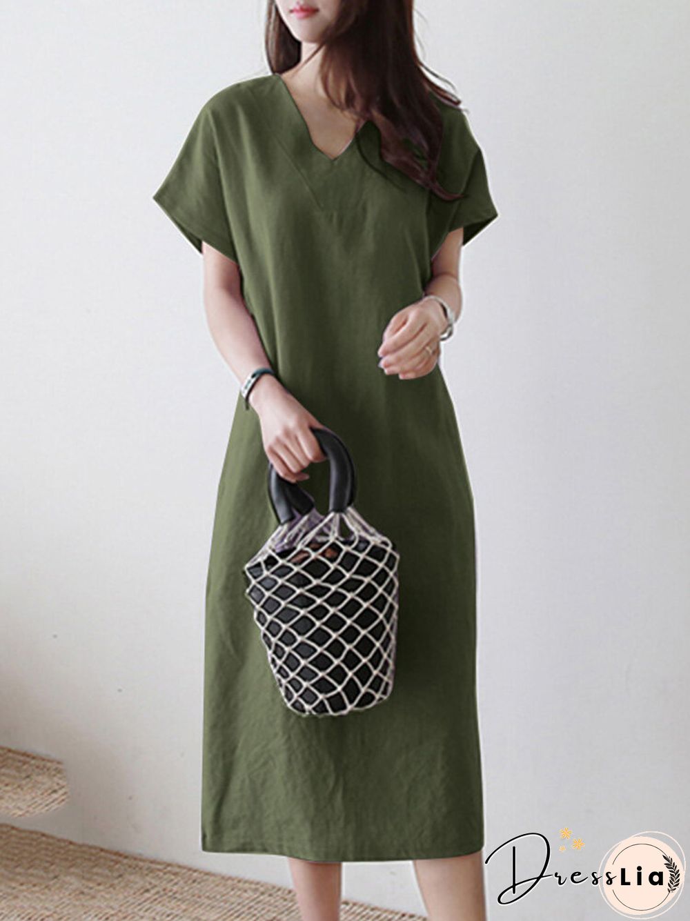 Solid V-neck Short Sleeve Dress For Women