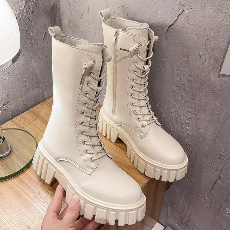 Women White Boots Autumn 2022 Fashion Black Leather Platform Gothic Punk Combat Shoes Ytmtloy Round Toe Botines De Mujer Sexy