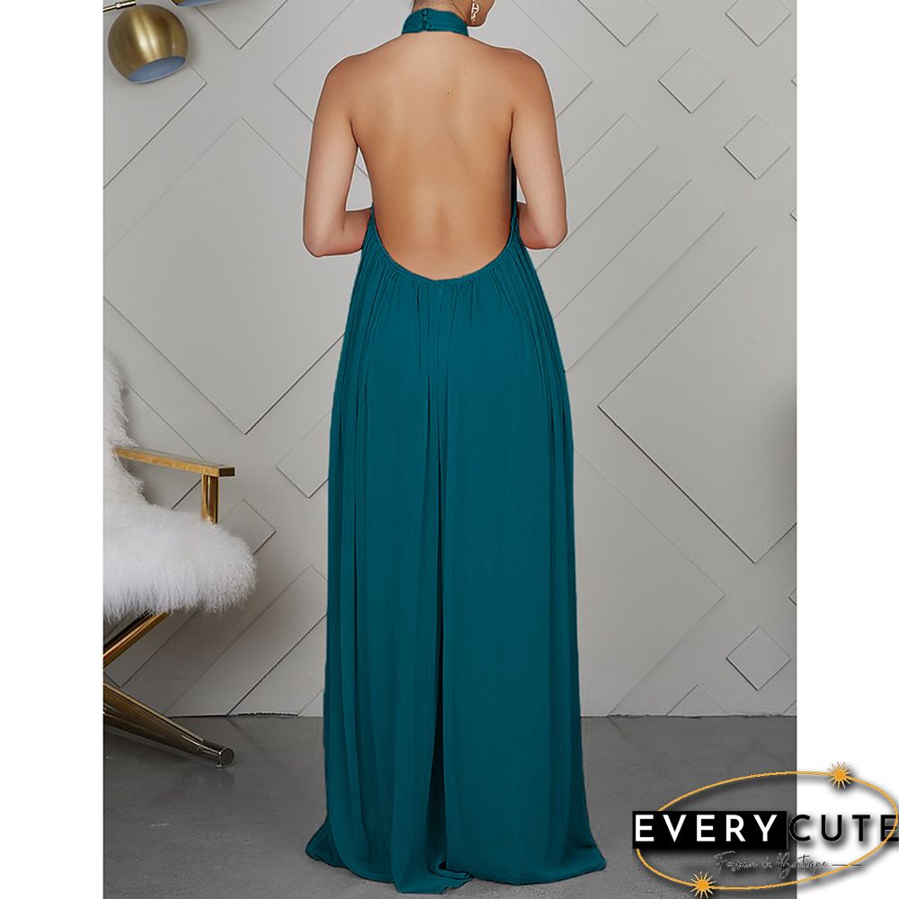Peacock Blue Halter Neck Backless Chiffon Wide Leg Jumpsuit