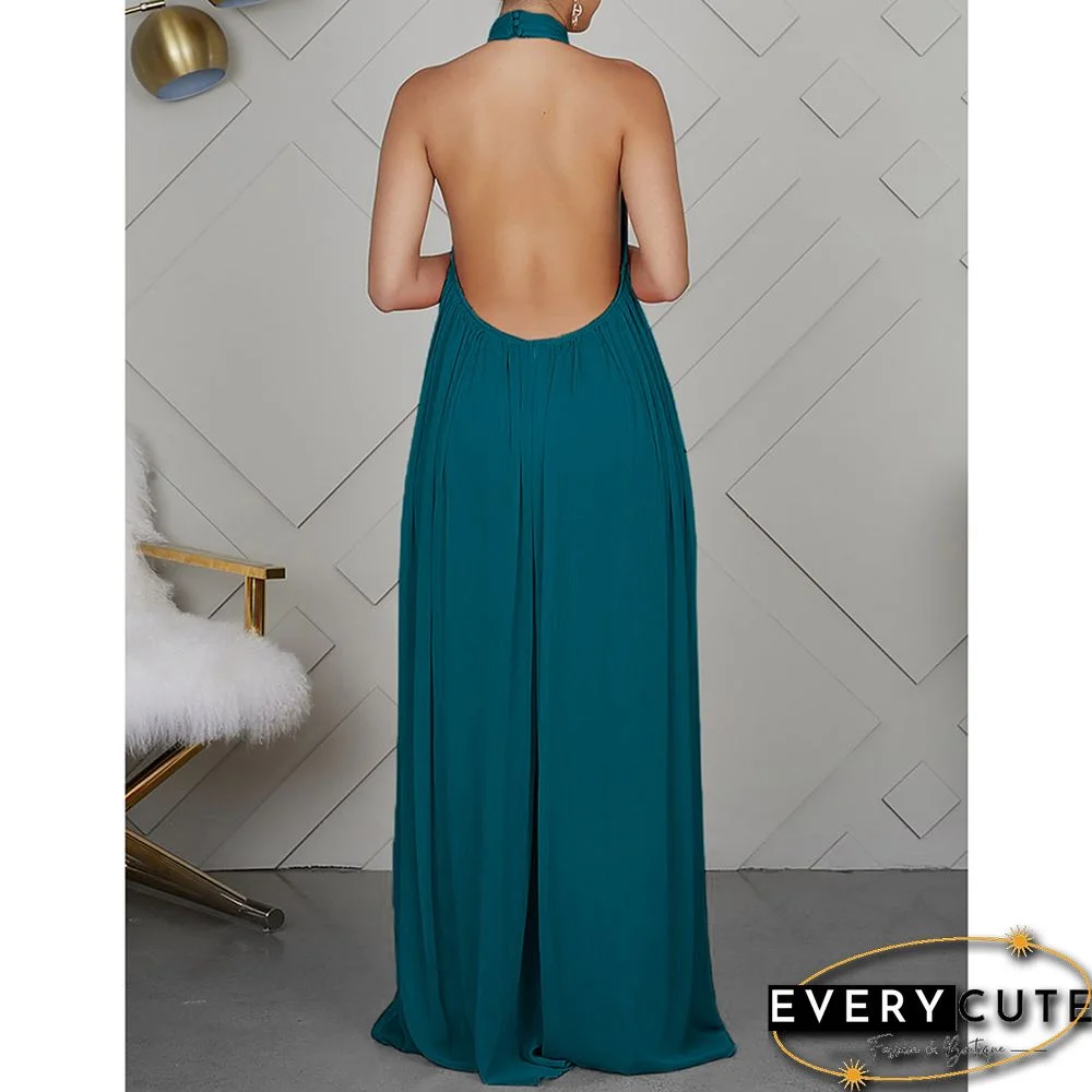Peacock Blue Halter Neck Backless Chiffon Wide Leg Jumpsuit