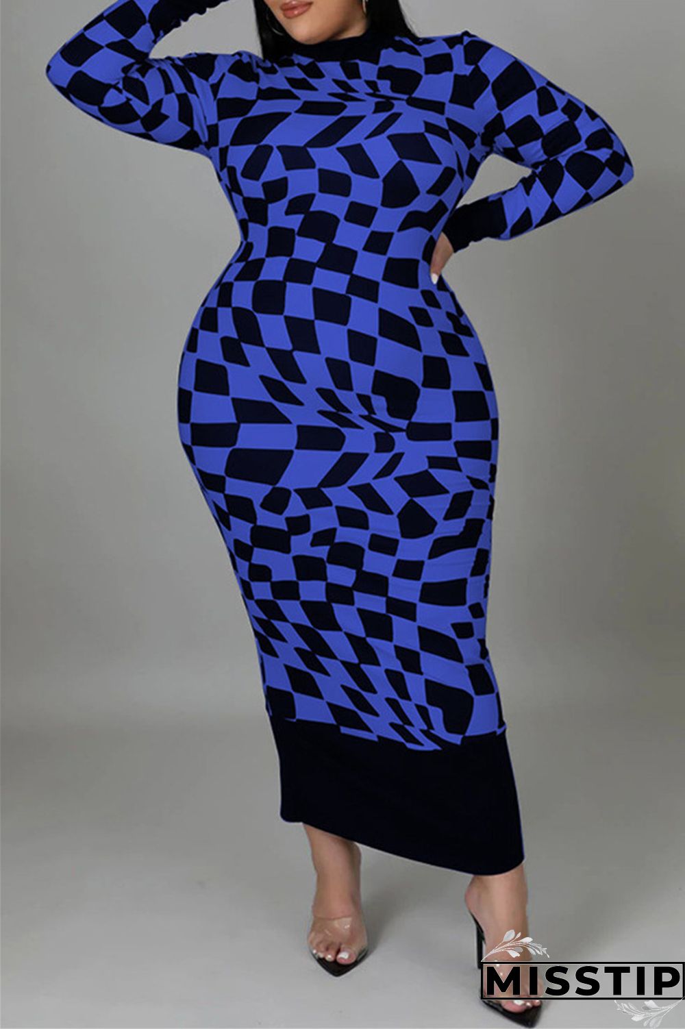 Yellow Casual Plaid Print Patchwork Half A Turtleneck Long Sleeve Plus Size Dresses