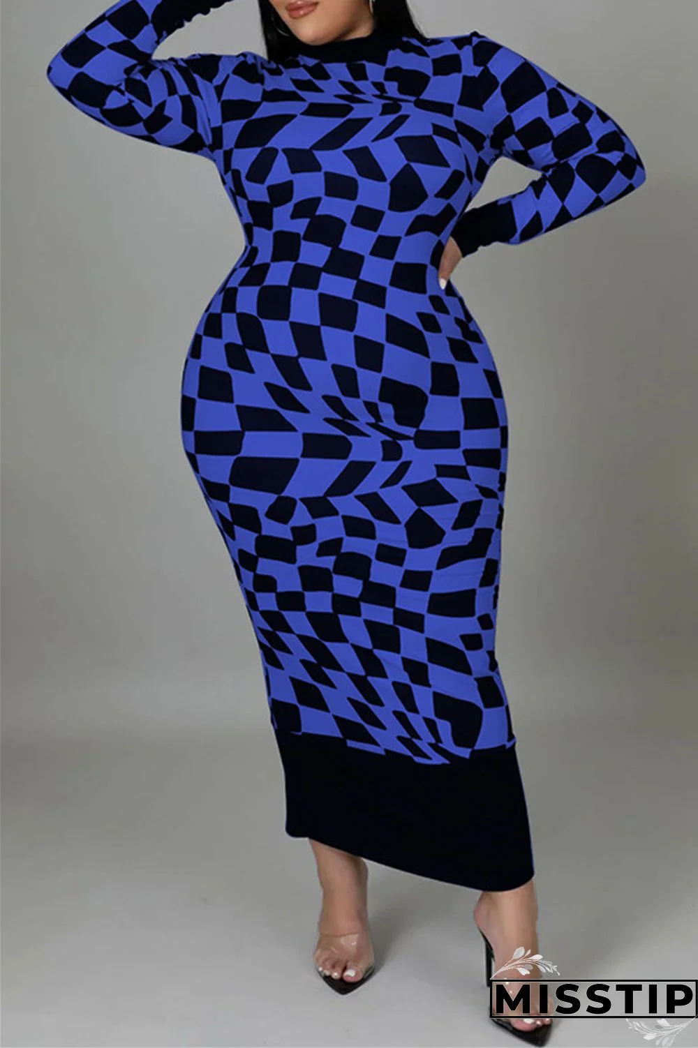 Yellow Casual Plaid Print Patchwork Half A Turtleneck Long Sleeve Plus Size Dresses