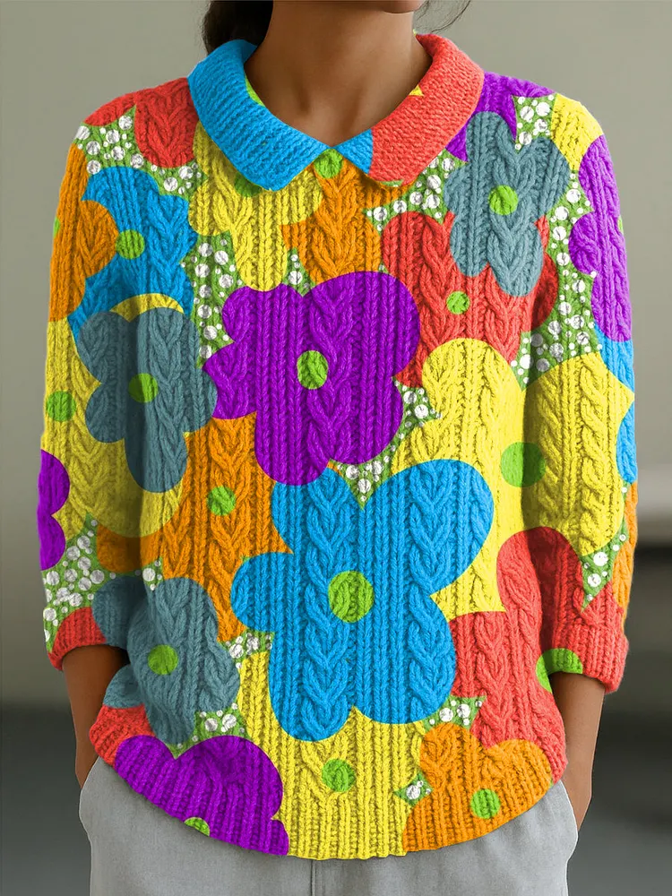 Women's Cute Colorful Large Flower Painting Art Print Casual Peter Pan Collar 3/4 Sleeve Sweater
