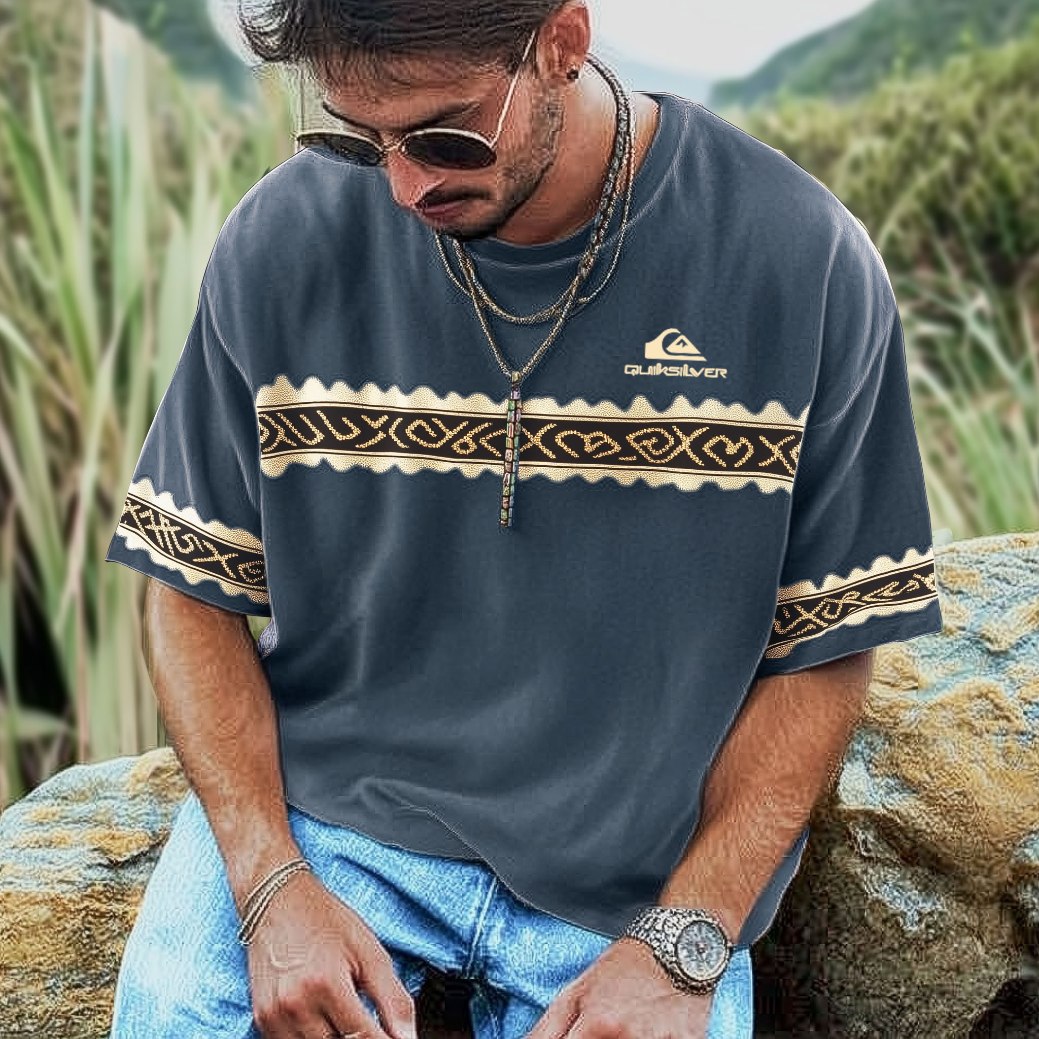 Unisex Vacation Surf Logo Print Ethnic Graphic Oversized Contrast Color T-Shirt / TECHWEAR CLUB / Techwear