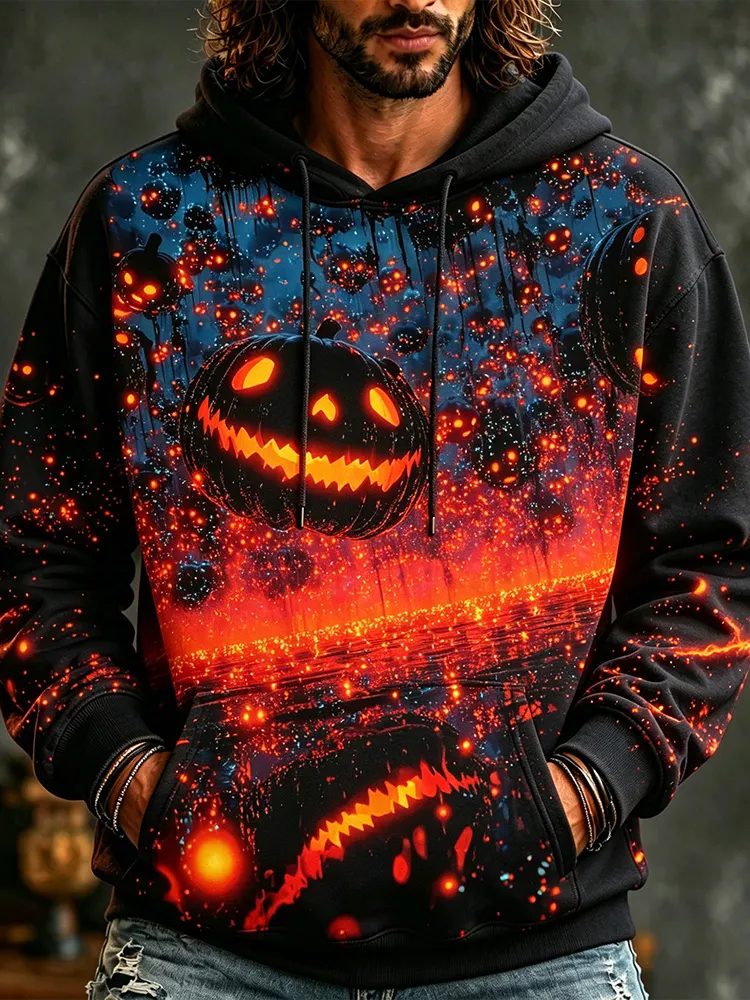 Men's Halloween Ghostly Dripping Jack-o'-lantern Neon Red And Blue Glowing Pumpkin Pattern Hoodie