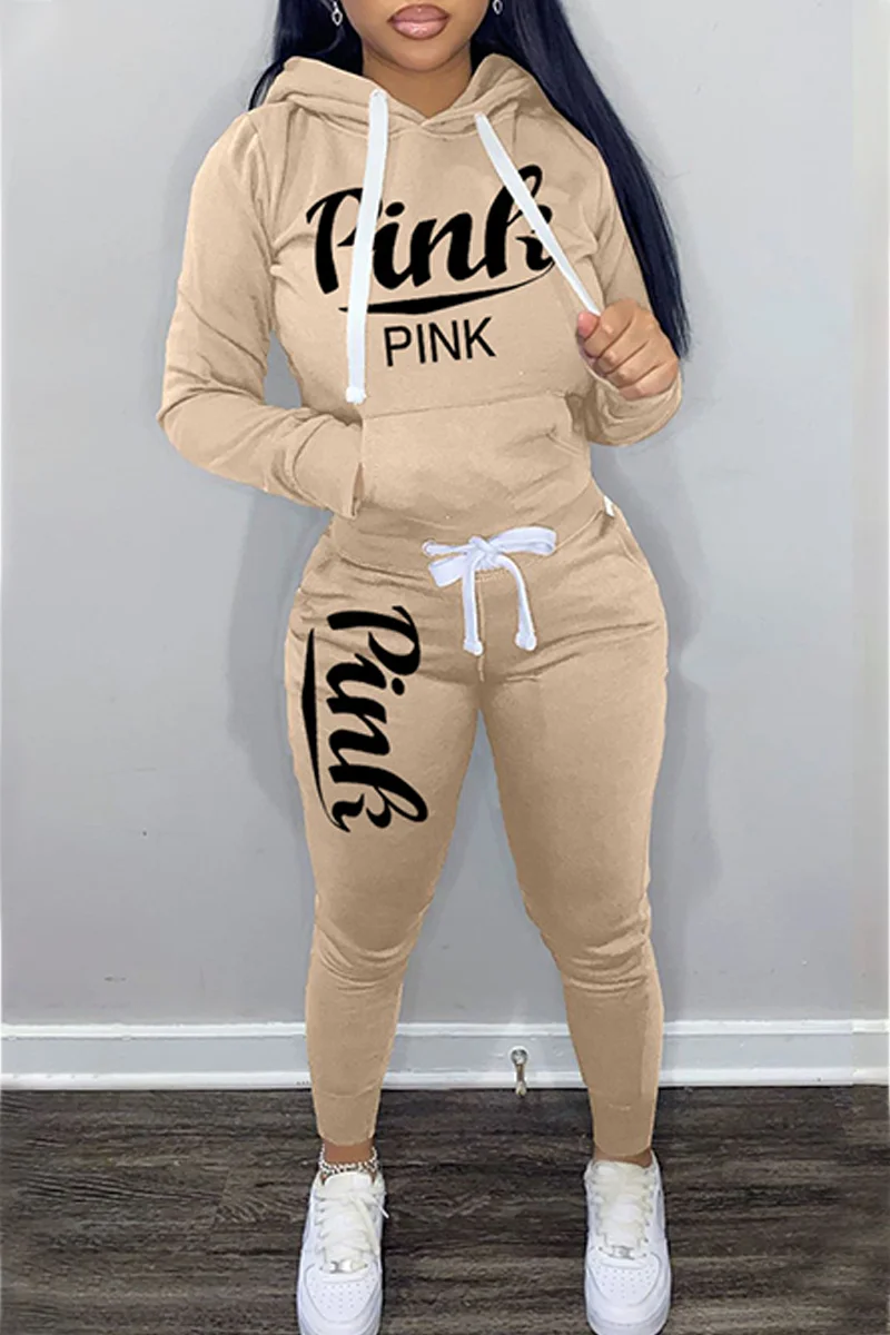 Khaki Street Print Letter Hooded Collar Long Sleeve Two Pieces | EGEMISS