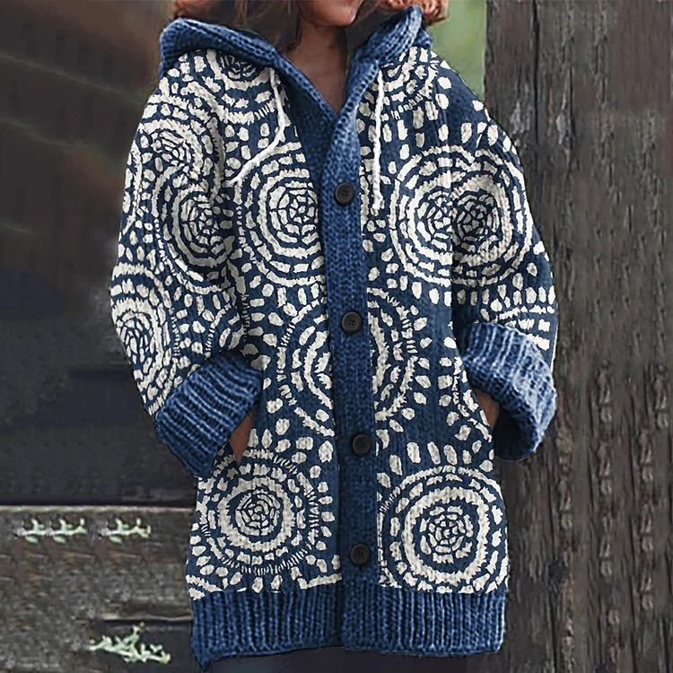 Comstylish Japanese Art Geometric Print Knitted Hooded Cardigan