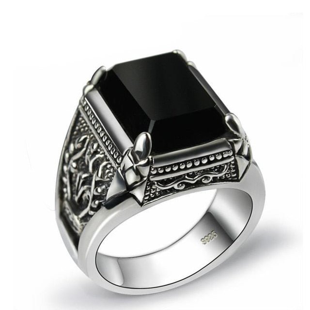 YOY-silver original geometric inlaid black agate ring