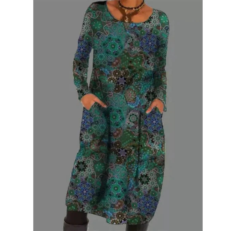 Loose Retro Ruffle Large Print Full Sleeve Bohemian Casual Pocket Midi Dress