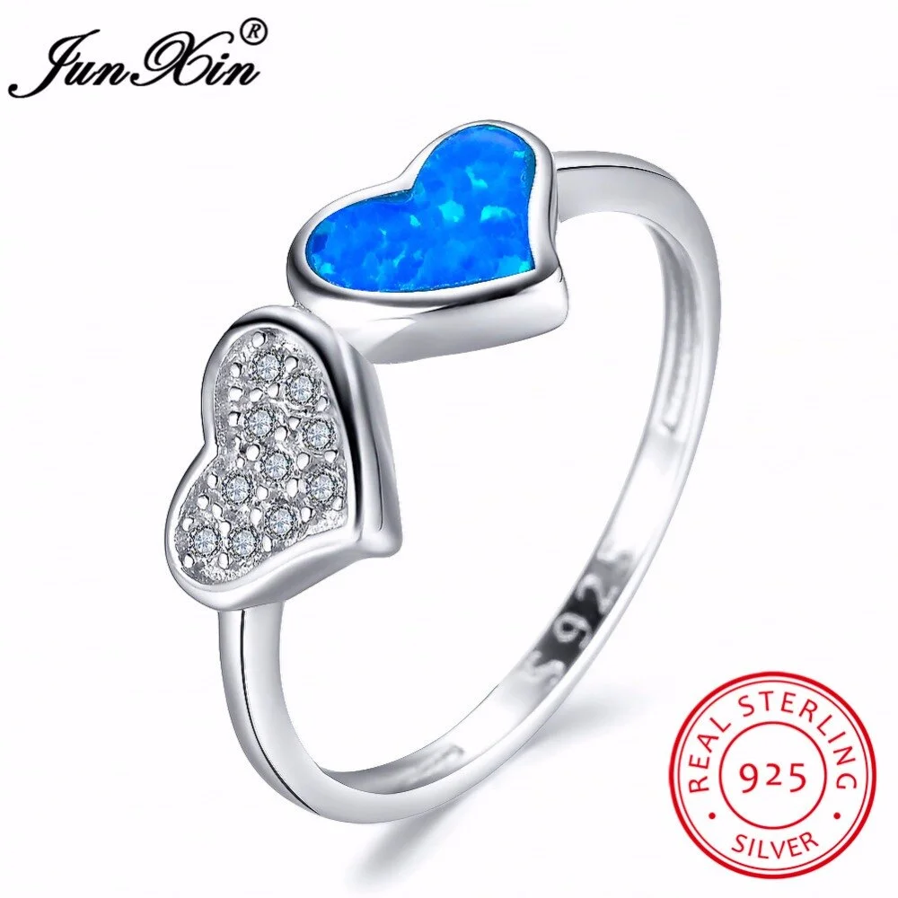 JUNXIN Romantic Female Blue Opal Heart Ring Real Silver Color Jewelry Vintage Wedding Engagement Rings For Women