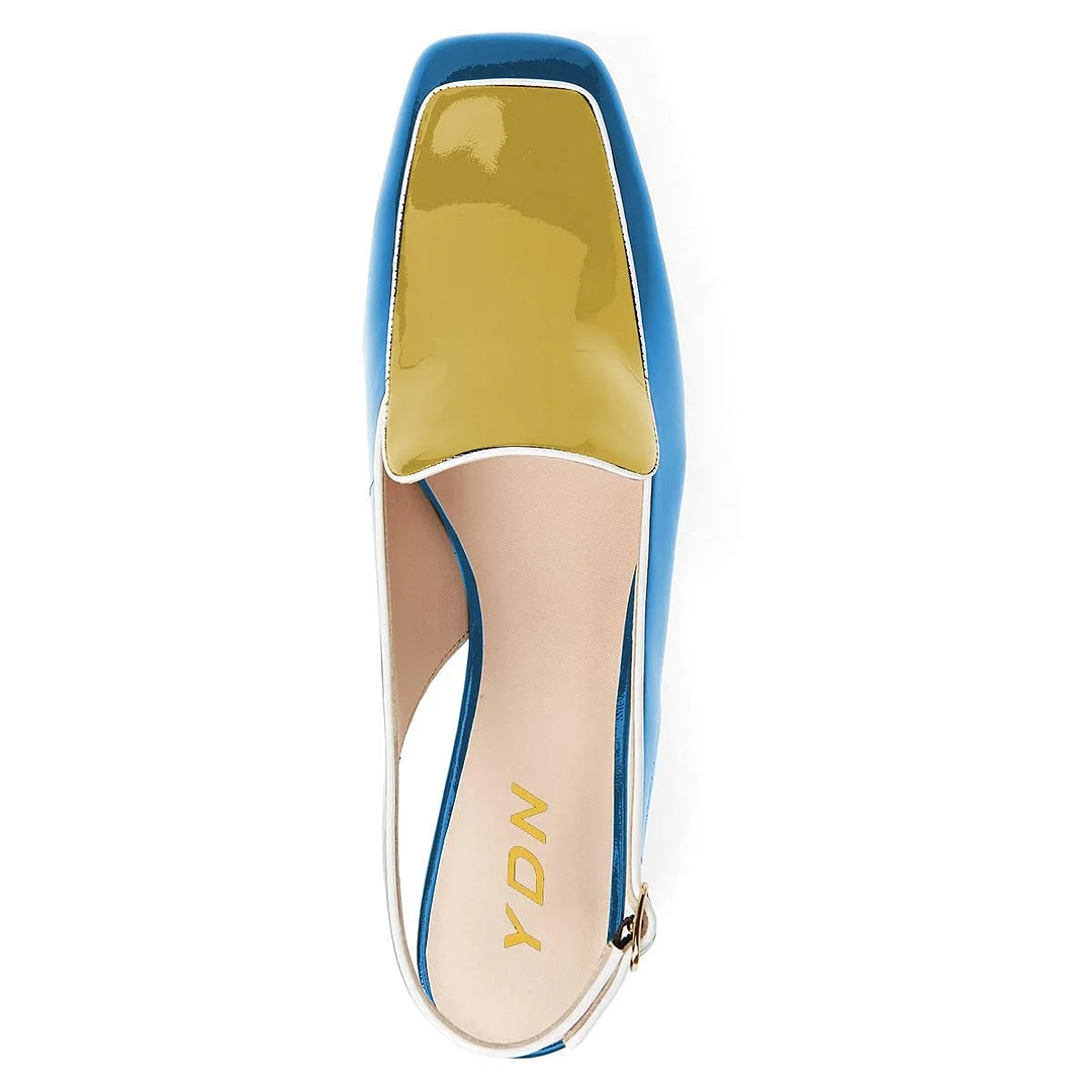 Blue & Yellow Patent Leather Buckle Slingback Women's Loafers