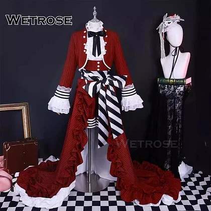 [Wetrose] Ciel Black Butler Tea Cup Cosplay Costume Victorian-style Gown Red Gothic Lolita Long Dress Set Wig Halloween Xmas