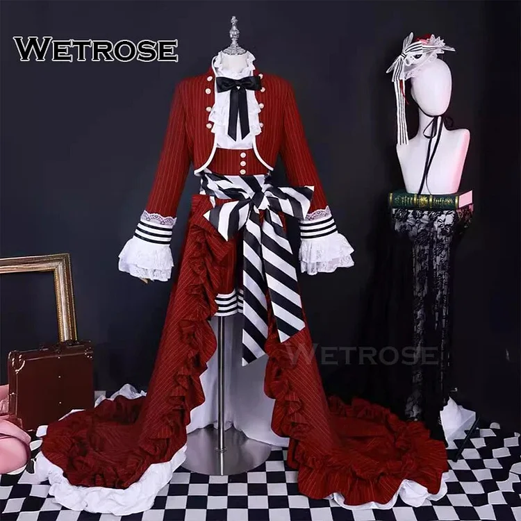 【Wetrose】 Ciel Black Butler Tea Cup Cosplay Costume Victorian-style Gown Red Gothic Lolita Long Dress Set Wig Halloween Xmas