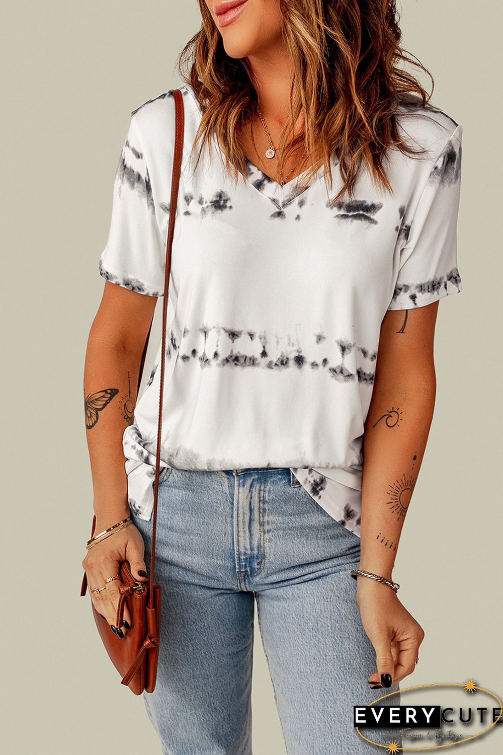 Grey V Neck Tie-dye Tee