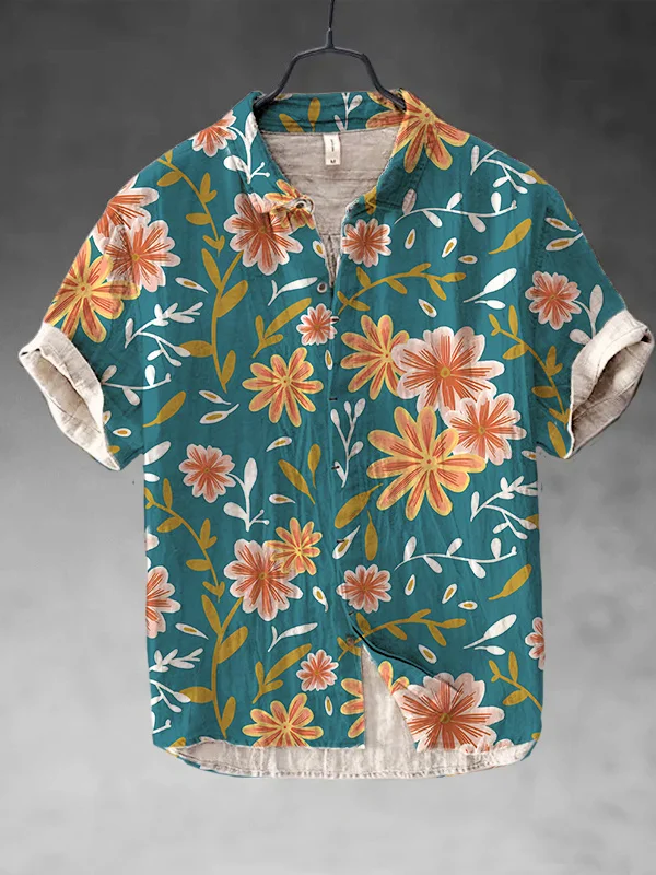 Men's Cartoon Floral Art Print Short Sleeve Shirt