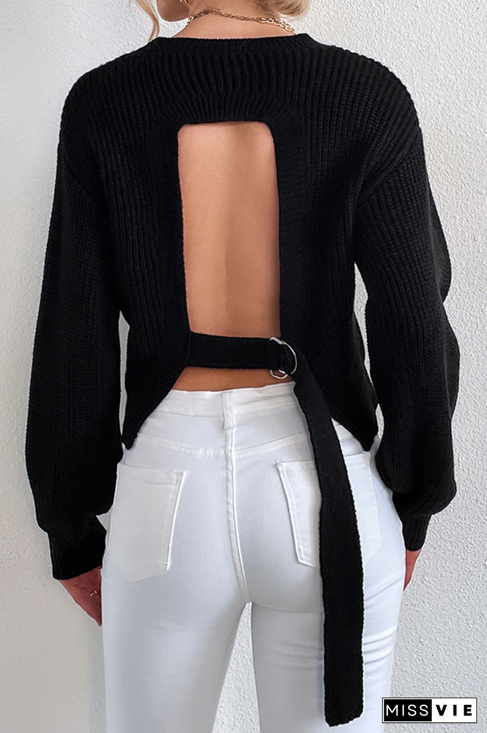 Fashion Casual Solid Hollowed Out Strap Design O Neck Tops Sweater