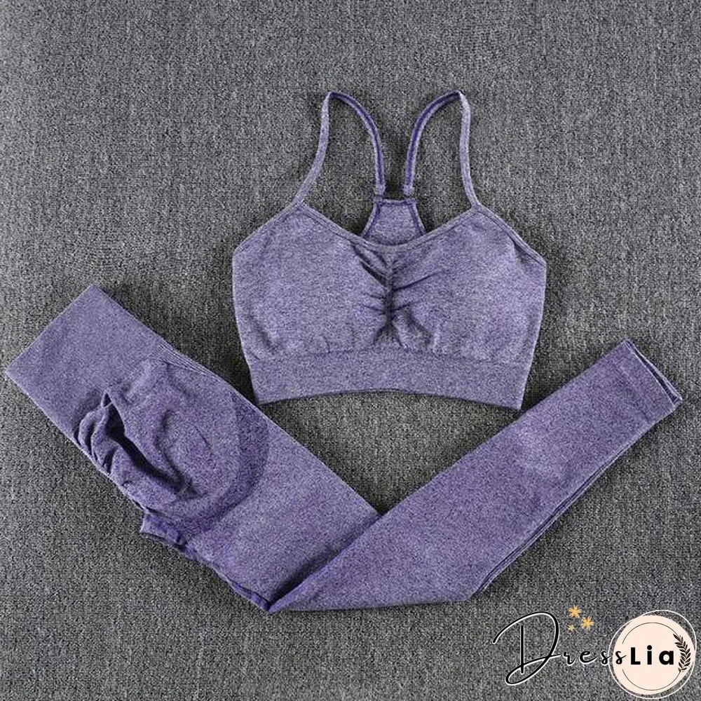 Solid Seamless Gym Two Piece Set Women High Stretchy Tracksuit Women Sports High Waist Leggings Workout Pants Sets Women