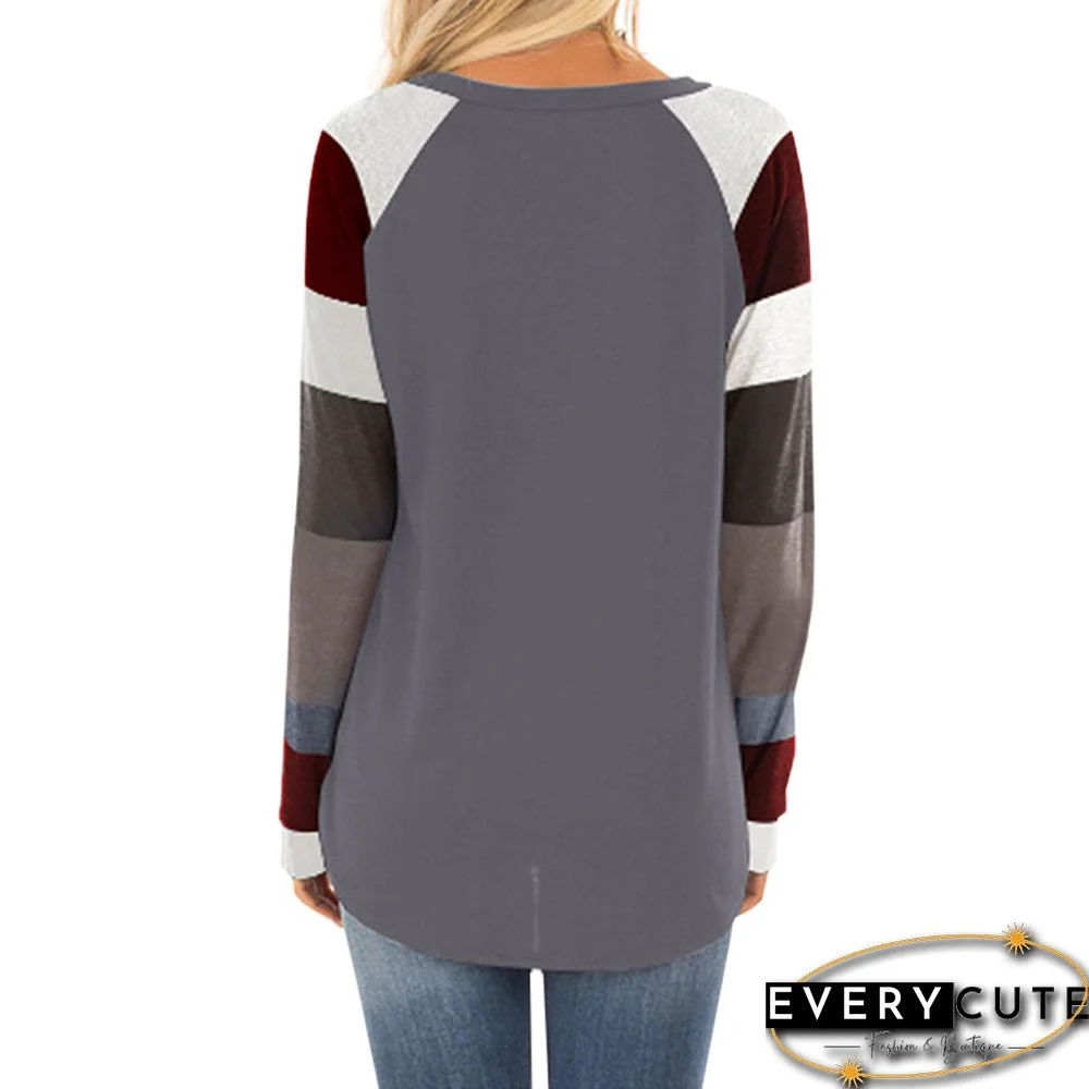 Color Block Long Sleeves Gray Pullover Top