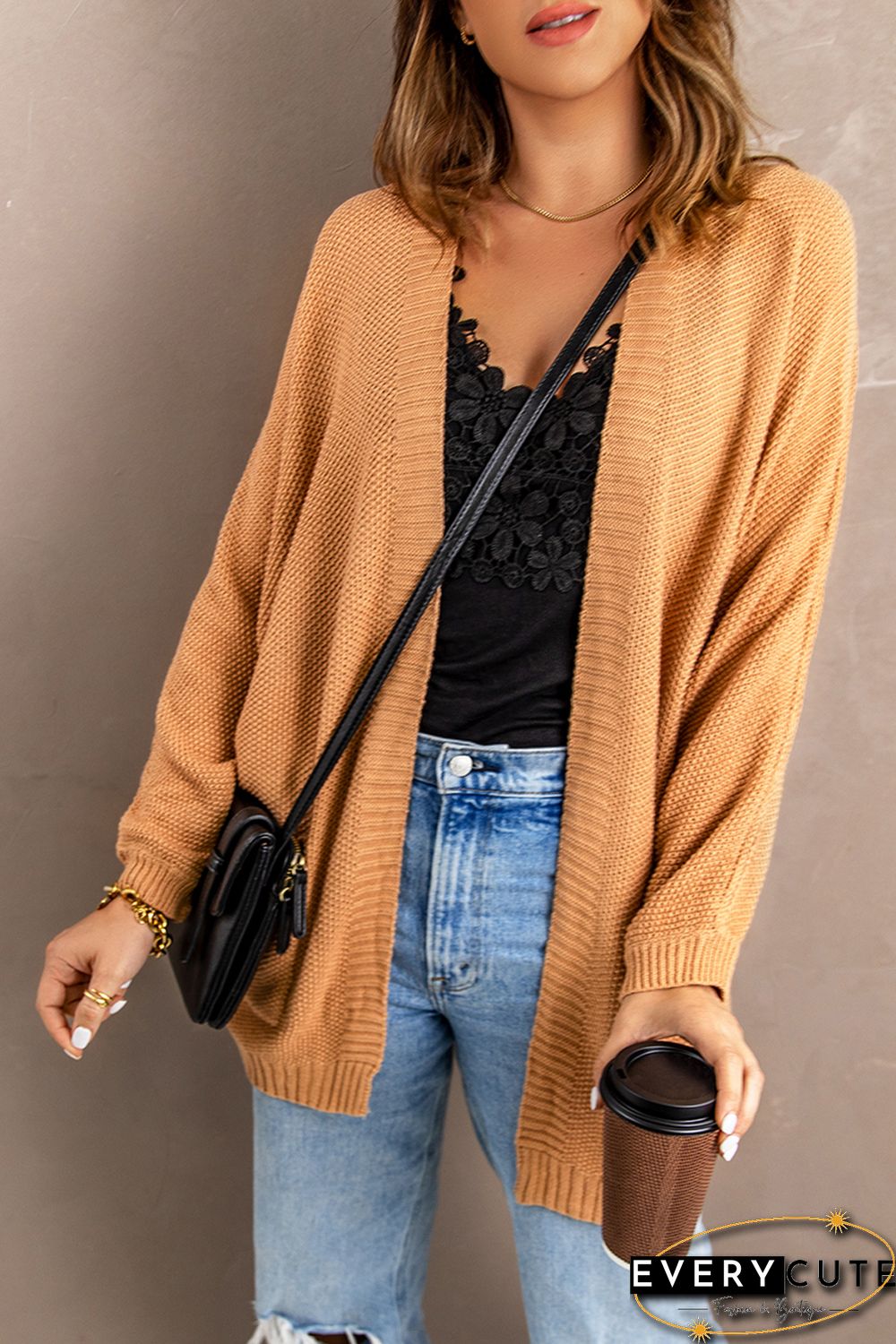 Khaki Open Front Knitted Sweater with Pocket