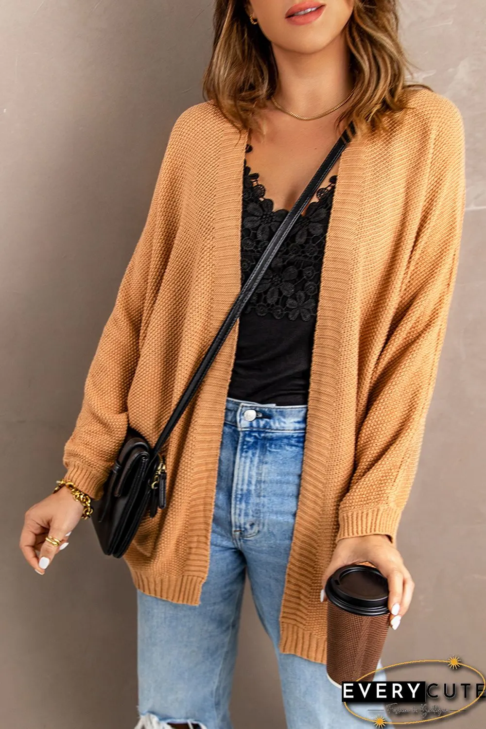 Khaki Open Front Knitted Sweater with Pocket