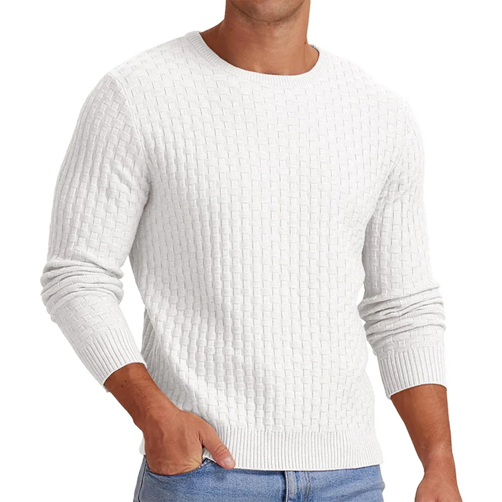 Mongw Mongw Men's New Waffge Solid Color Round Collar Long Sleeve Sleeve Sweater Fashion Casual Men's Sweater Top