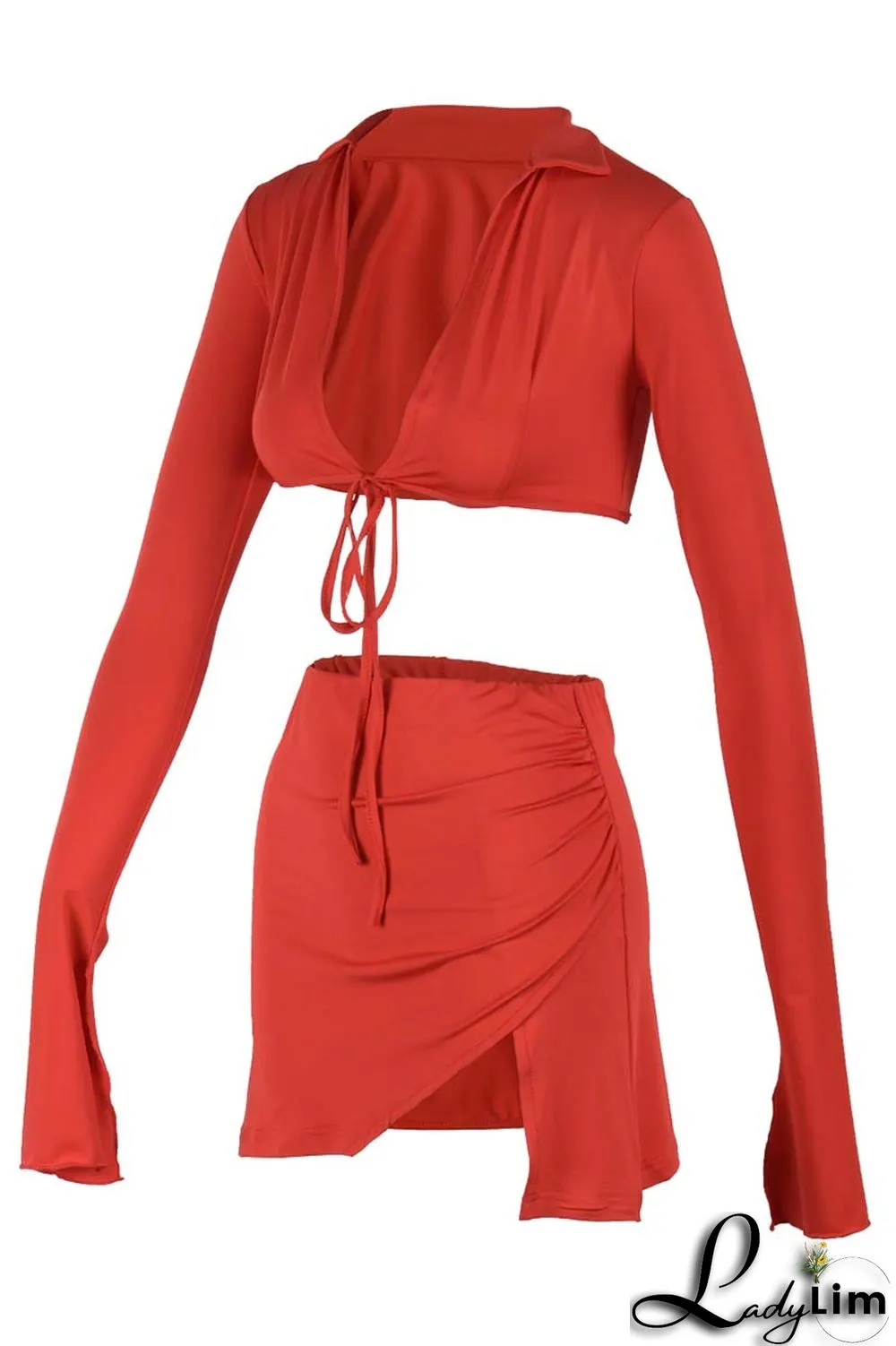 Yellow Fashion Sexy Solid Bandage Slit V Neck Long Sleeve Two Pieces