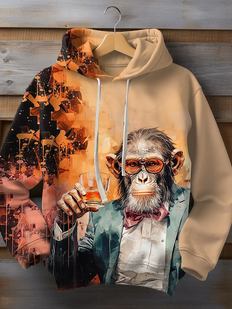Men's Retro Monkey Gentleman Drink Whiskey Oil Painting Long Sleeve Hoodie