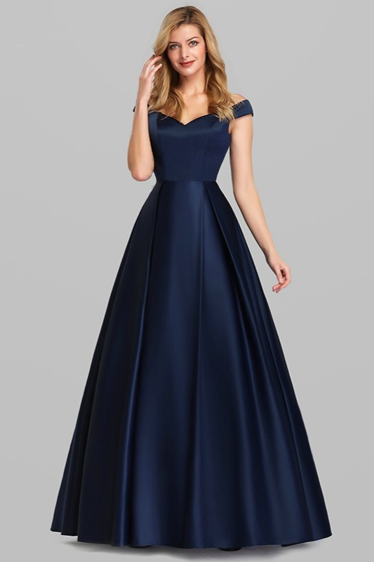 Navy Blue Satin Off-the-Shoulder Long Evening Gowns