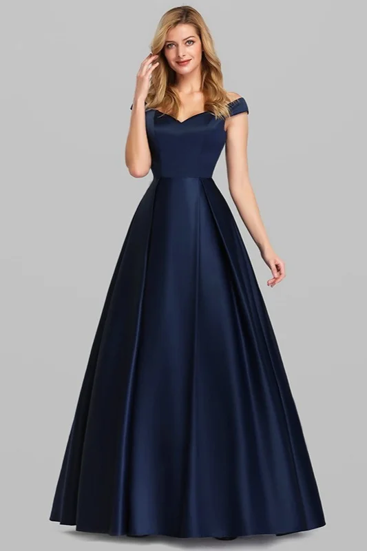 Navy Blue Satin Off-the-Shoulder Long Evening Gowns