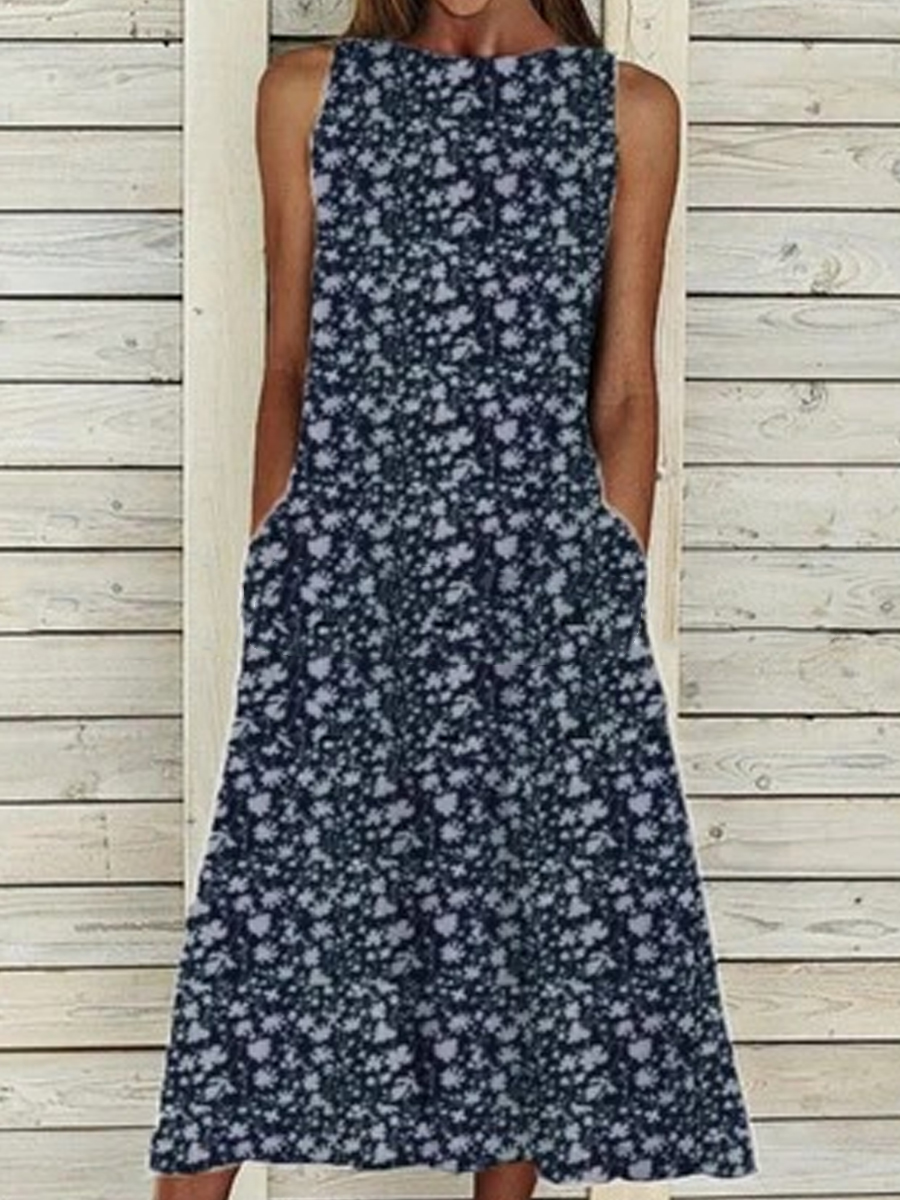 Casual Loose Floral Print Crew Neck Sleeveless Maxi Dress - SissiStyles.com