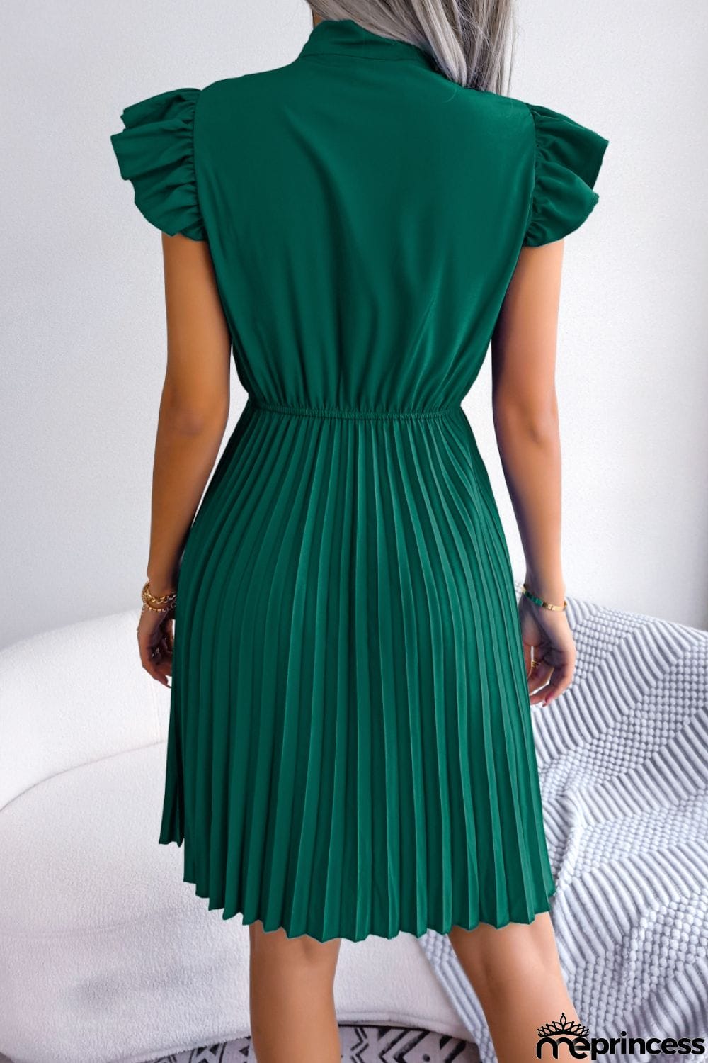 Tie Neck Butterfly Sleeve Pleated Dress