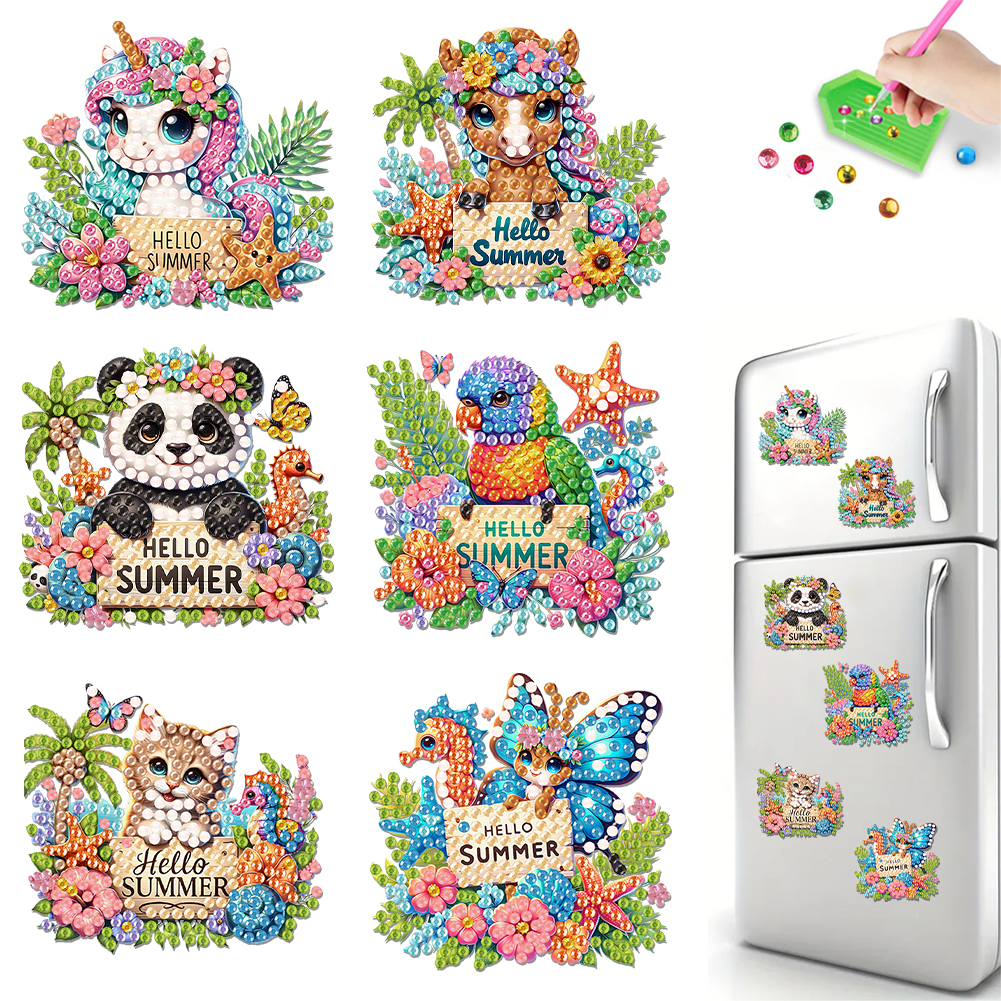 6Pcs Acrylic Hello Summer Diamond Art Refrigerator Magnets Sticker for Beginners