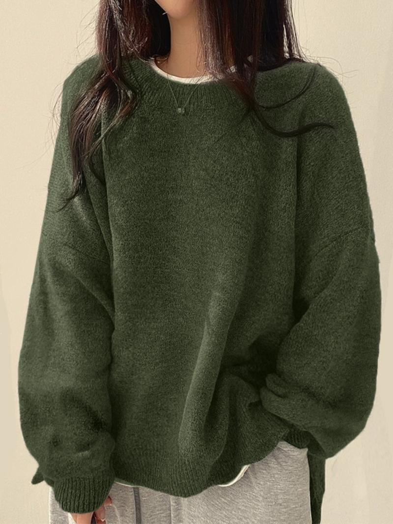 Women's Drop Shoulder Split Hem Sweater, Casual Long Sleeve Round Neck Jumper, Women's Knitwear Top for Fall & Winter, Sweaters for Women